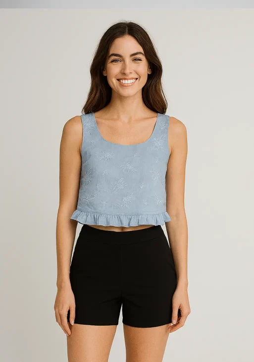 And Now this - Top XS / Denim top with flowers