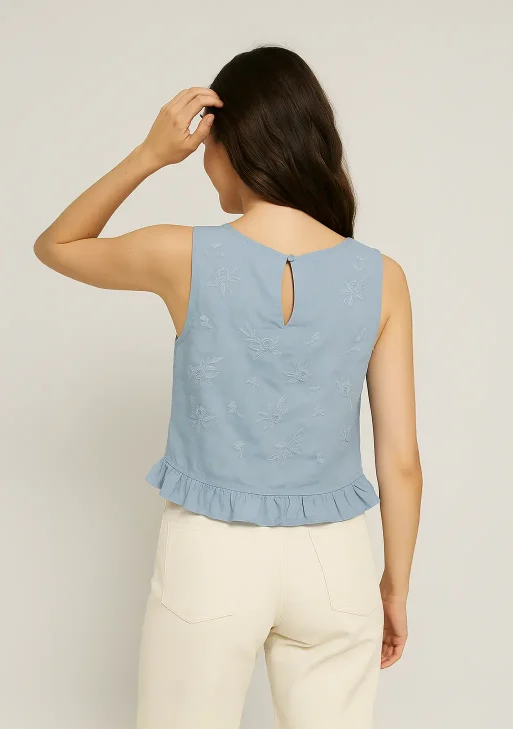And Now this - Top XS / Denim top with flowers